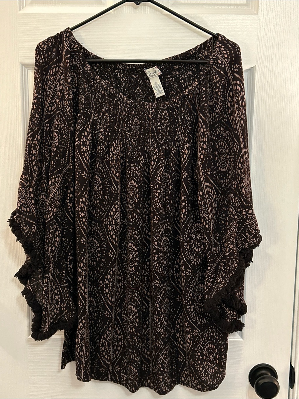 Studio West 1X Boho Peasant Blouse Tassel Bell Sleeves Black Pink